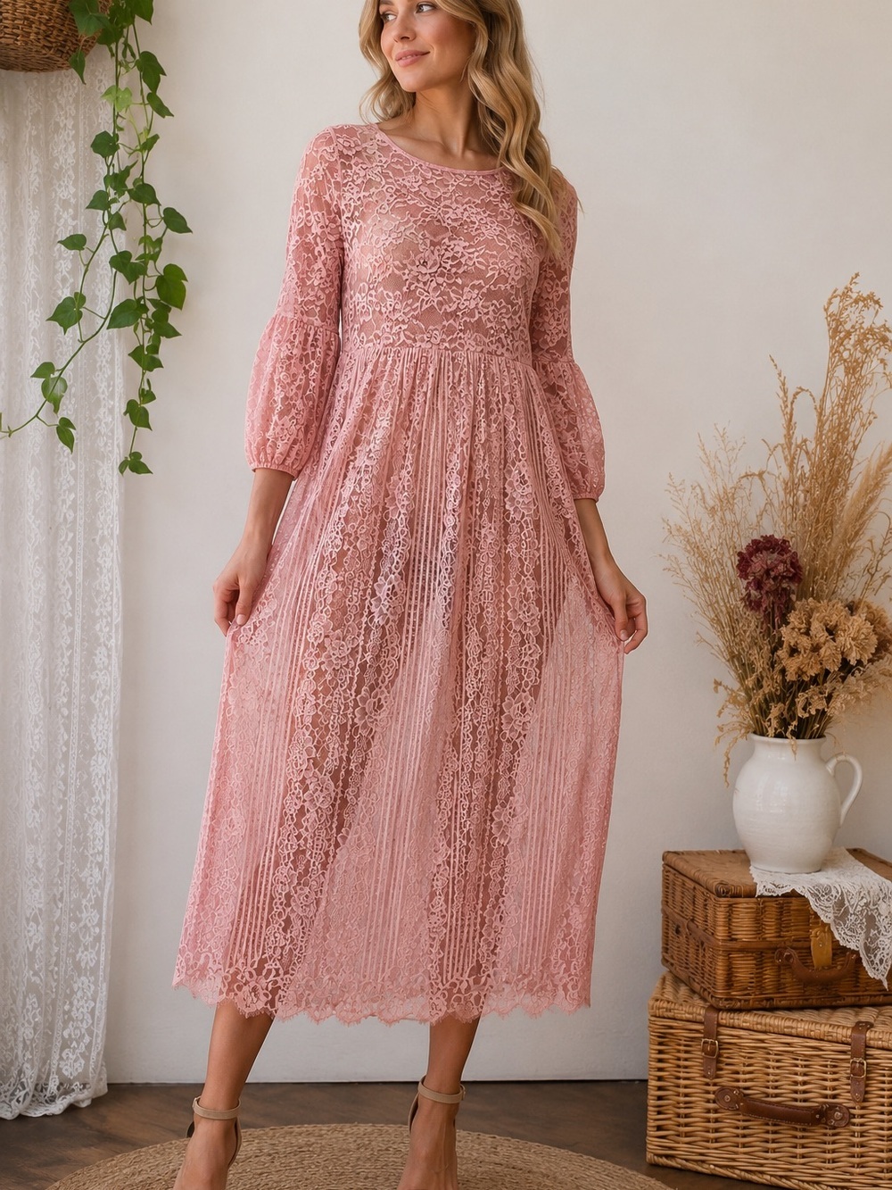 Pink Sheer Lace Midi Dress Boho Romantic Cottagecore Ethereal Victorian Sz M